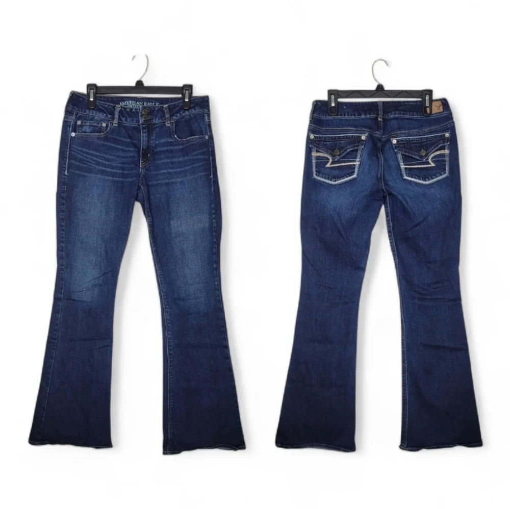 American Eagle Artist Flare Jeans Womens 8 Dark Wash Embroidered Stretch Denim - Picture 1 of 12